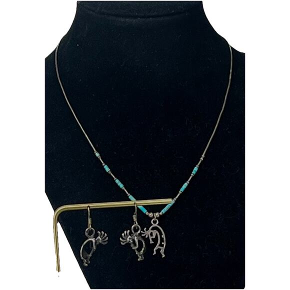 VTG Native American Turquoise & Sterling Silver Kokopelli Necklace Earring Set - Picture 1 of 15